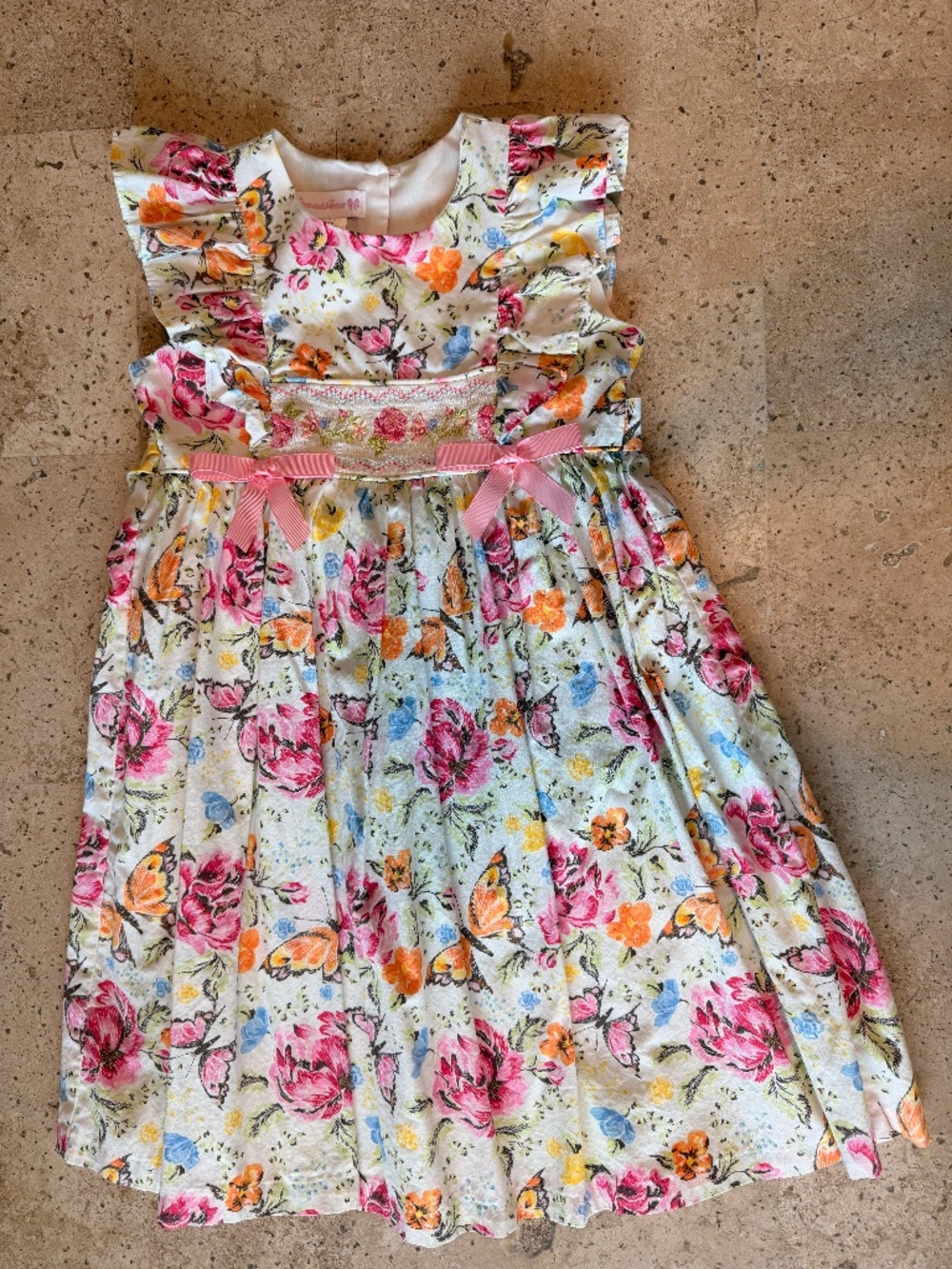 Bonnie Jean Floral Butterfly Dress Smocked Bodice, Ruffle Sleeves, Bow Detail
